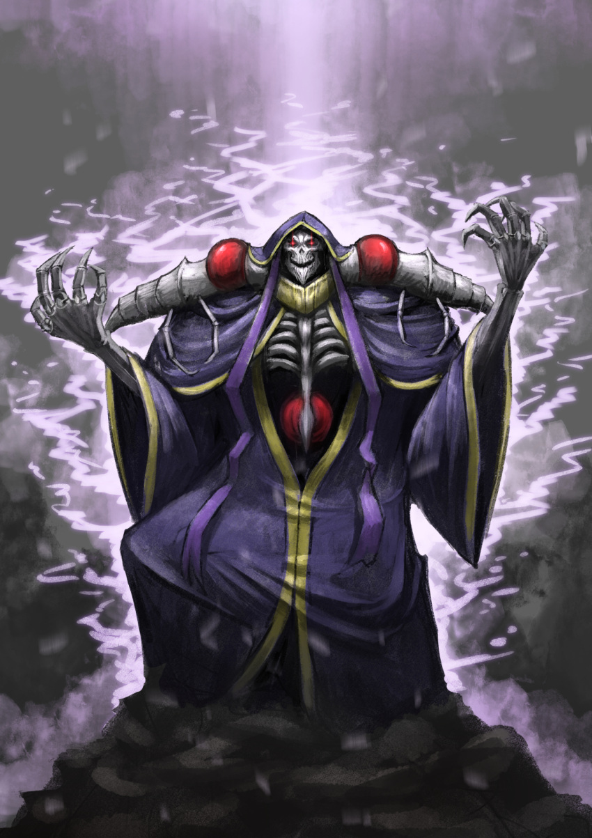 1boy ainz_ooal_gown artist_request aura bone collar hood jewelry long_sleeves male_focus overlord_(maruyama) red_eyes ring robe skeleton undead
