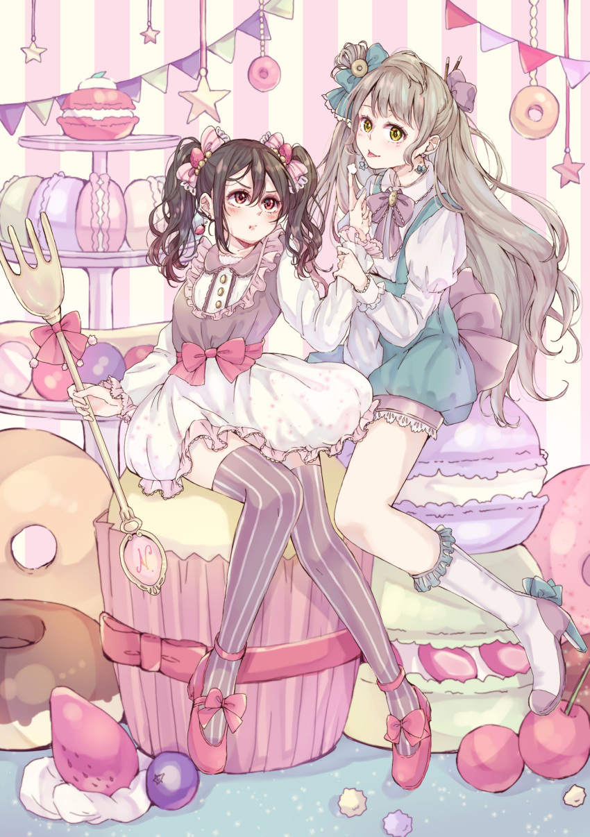2girls 39_kura :t absurdres bent_knees black_hair black_legwear blueberry blush boots bow buttons cherry cupcake doughnut earrings feeding food food_themed_earrings food_themed_hair_ornament fork fruit full_body green_bow hair_ornament hair_stick hand_on_another's_arm hanging heart heart_earrings highres jewelry knee_boots long_hair love_live! macaron minami_kotori multiple_girls oversized_object pointing red_eyes red_shoes ribbon shoes short_hair skirt smile star strawberry strawberry_earrings strawberry_hair_ornament striped striped_legwear sweets thigh-highs tiered_tray tongue tongue_out twintails vertical-striped_legwear vertical_stripes yazawa_nico yellow_eyes zettai_ryouiki