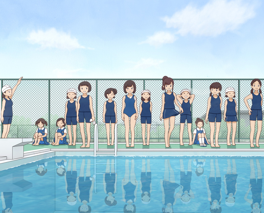 6+girls brown_hair child kiyo_(kyokyo1220) multiple_girls one-piece_swimsuit outside school_swimsuit standing swimsuit water waterpool