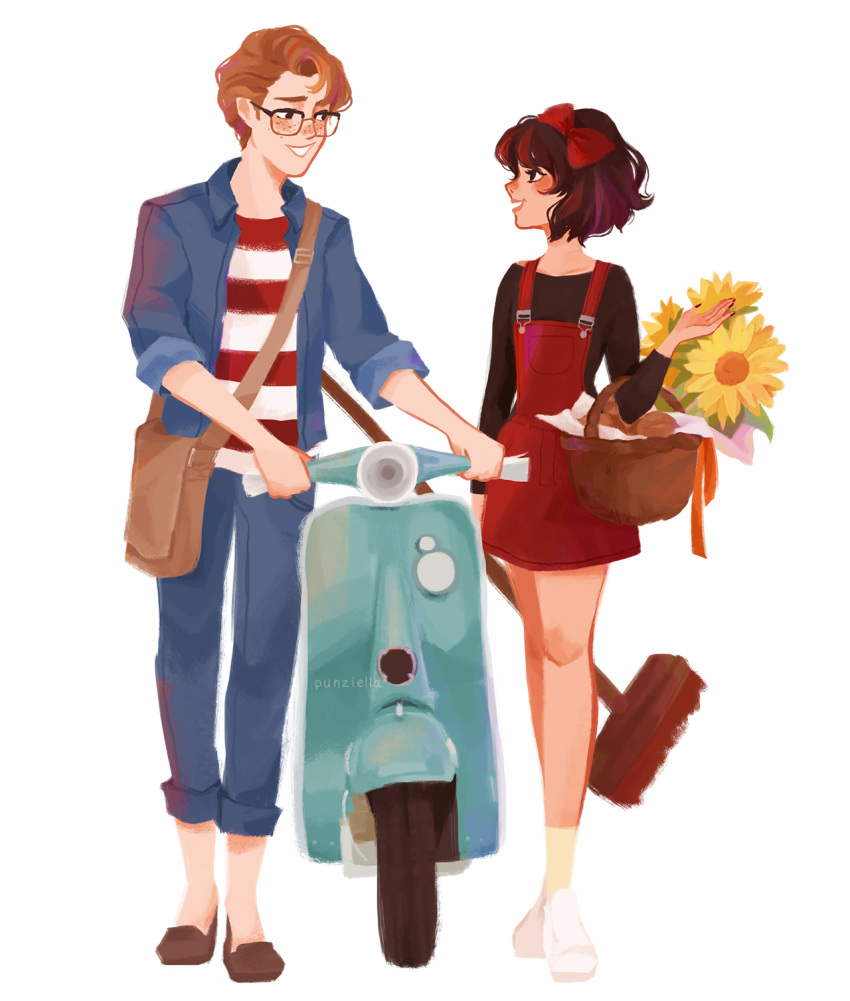 1boy 1girl artist_name bag basket black_eyes bow bread broom brown_hair couple denim_jacket flower food freckles full_body glasses ground_vehicle hair_bow hetero highres holding horizontal_stripes jacket kiki light_brown_hair long_sleeves majo_no_takkyuubin messenger_bag motor_vehicle nail_polish open_clothes open_jacket overall_skirt profile punziella red_skirt scooter shirt short_hair shoulder_bag simple_background skirt sleeves_rolled_up smile standing striped studio_ghibli sunflower tombo vespa white_background witch