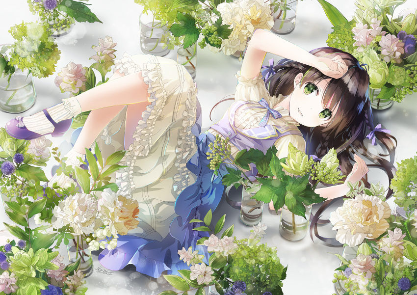 1girl artist_name black_hair bow braid commentary_request dress eyebrows eyebrows_visible_through_hair flower full_body glass green_eyes hair_ribbon hand_on_own_head highres leaf long_hair looking_at_viewer lying naruse_chisato on_back original puffy_short_sleeves puffy_sleeves ribbon shiny shiny_hair short_sleeves smile socks solo striped striped_ribbon tress_ribbon water white_flower