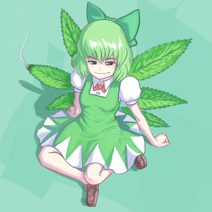 1girl alternate_color alternate_costume alternate_element alternate_wings bloodshot_eyes bow bowtie breasts burning cirno dress drugged green_bow green_eyes green_hair hair_bow highres leaf_wings loafers marijuana matching_hair/eyes profitshame shoes short_hair sitting small_breasts smirk smoke solo stoned touhou wings