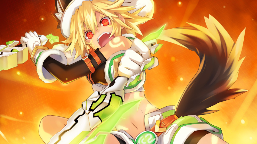 1girl absurdres animal_ears blonde_hair cc_(choujigen_game_neptune) choujigen_game_neptune crop_top cyberconnect2_(choujigen_game_neptune) fire game_cg gloves goggles green_eyes hat highres looking_at_viewer midriff navel neptune_(series) official_art open_mouth solo sword tail tsunako weapon