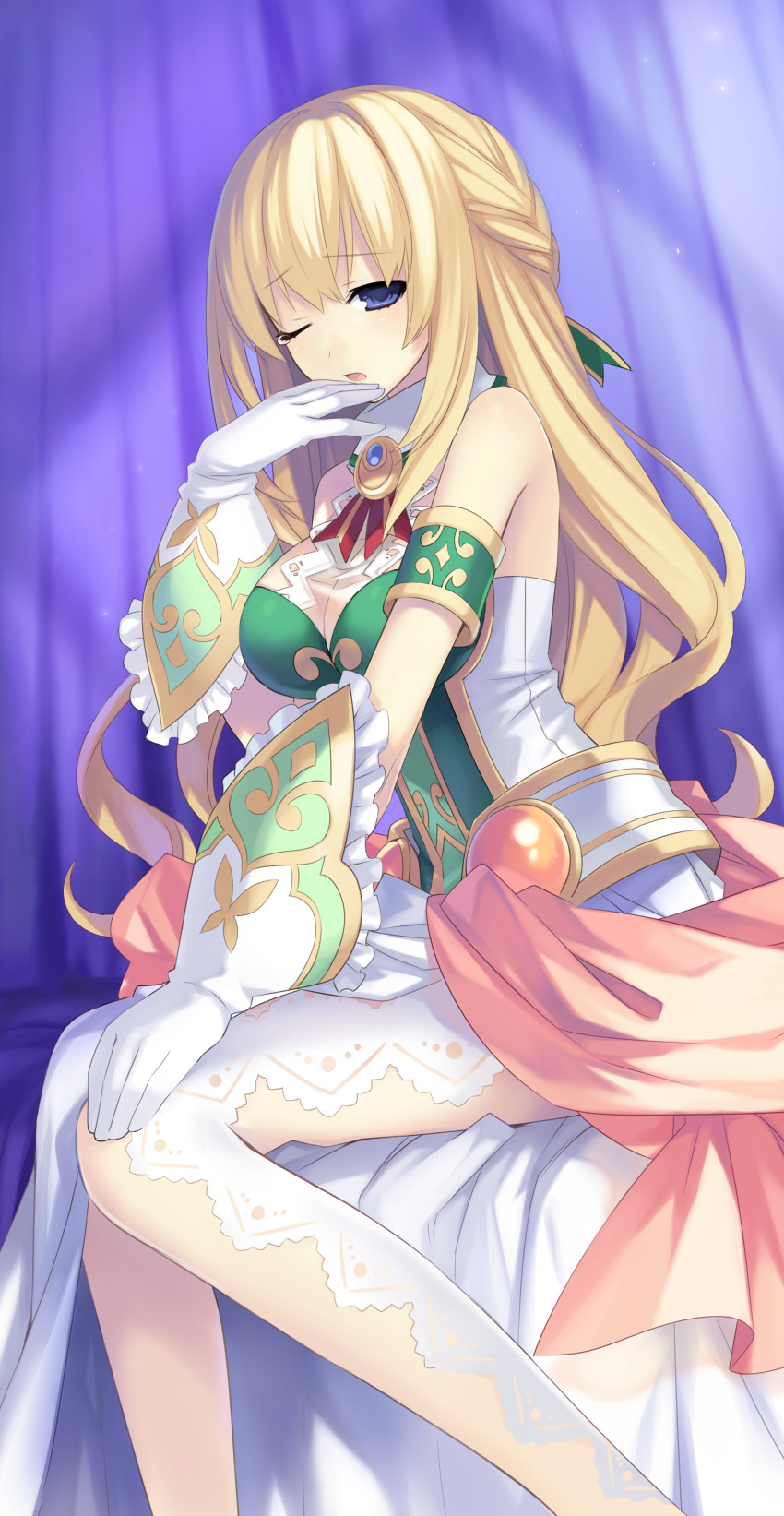 1girl ;o absurdres armlet bangs bare_shoulders belt blonde_hair blue_eyes braid breasts brooch choujigen_game_neptune cleavage dress french_braid frilled_gloves frills from_side game_cg gloves hair_ornament hair_ribbon half-closed_eyes half_updo halterneck hand_on_own_knee hand_to_own_mouth hand_up highres impossible_clothes impossible_dress jewelry lace large_breasts legs long_hair long_legs looking_at_viewer looking_back neptune_(series) official_art one_eye_closed open_mouth pantyhose raised_eyebrows ribbon sash see-through side_slit sideboob sitting solo tears tsunako turtleneck vert very_long_hair waking_up wavy_hair white_dress white_gloves white_legwear wince