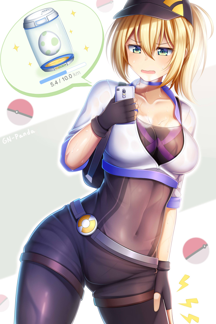 10s 1girl absurdres arm_at_side backpack bag bangs baseball_cap belt black_gloves black_hat black_legwear blonde_hair blue_eyes blush breasts cellphone choker collarbone contrapposto covered_navel cowboy_shot cropped_jacket egg eyebrows eyebrows_visible_through_hair female_protagonist_(pokemon_go) fingerless_gloves gameplay_mechanics gloves guardian-panda hair_between_eyes hand_on_own_thigh hat highres holding_cellphone hot large_breasts leaning_to_the_side leggings legs_apart lightning_bolt long_hair number pain phone poke_ball pokemon pokemon_go ponytail see-through skin_tight sleeves_past_elbows smartphone solo sparkle speech_bubble sweat sweating tired twitter_username wet wet_clothes wet_jacket