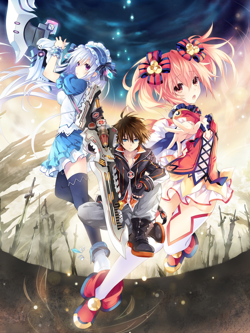 1boy 2girls alyn_(fairy_fencer_f) black_bow black_bowtie blue_eyes blue_hair bow bowtie breasts brown_hair chains cleavage detached_collar fairy_fencer_f fang_(fairy_fencer_f) hairband highres holding holding_sword holding_weapon lolita_fashion lolita_hairband looking_at_viewer multiple_girls night night_sky open_mouth red_eyes redhead sitting sky sword thigh-highs tiara_(fairy_fencer_f) tsunako violet_eyes weapon white_legwear wrist_cuffs zettai_ryouiki