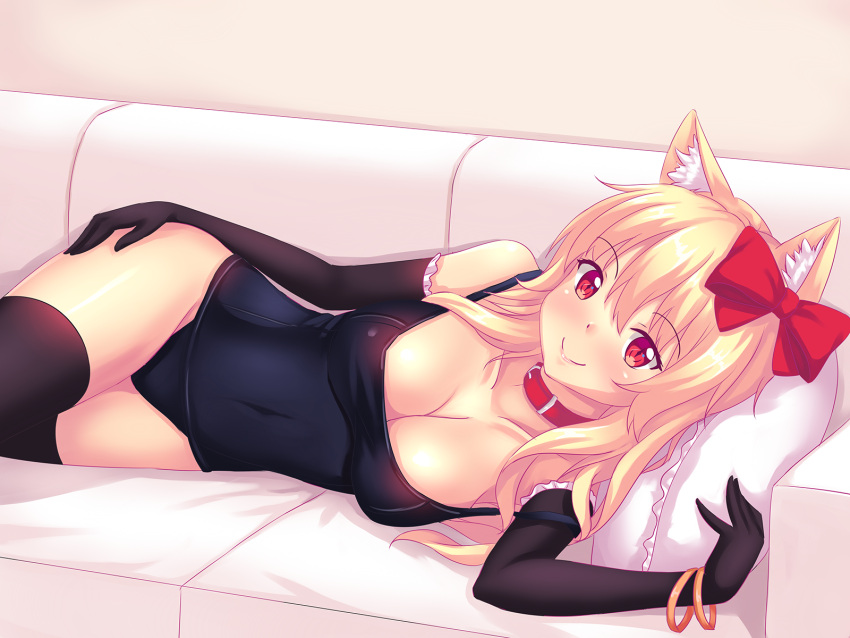 1girl animal_ears bare_shoulders black_gloves black_legwear black_swimsuit blonde_hair bow breasts cat_ears collar collarbone couch covered_navel elbow_gloves eyebrows eyebrows_visible_through_hair fast-runner-2024 gloves hair_bow hand_on_hip highres kemonomimi_mode looking_at_viewer lying medium_breasts naala on_couch on_side one-piece_swimsuit original pillow red_bow red_eyes school_swimsuit solo swimsuit thigh-highs tiffy