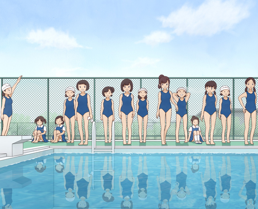 6+girls brown_hair child kiyo_(kyokyo1220) multiple_girls one-piece_swimsuit outside school_swimsuit standing swimsuit water waterpool