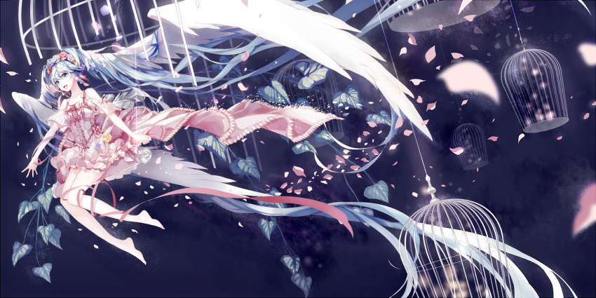 1girl absurdly_long_hair amatsukiryoyu bare_legs bare_shoulders barefoot birdcage blue_eyes blue_flower blue_hair blurry bow cage dark_background dress feathered_wings flower frilled_dress frills hatsune_miku head_wings head_wreath highres leaf long_hair open_mouth petals pink_bow pink_dress pink_flower pink_ribbon red_flower ribbon rose rose_petals see-through sitting smile solo swinging twintails very_long_hair vocaloid white_flower white_wings wind wind_lift wings yellow_flower