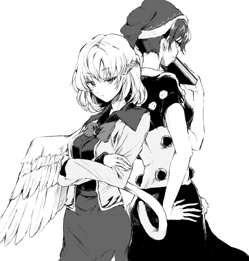 2girls back-to-back book bow bowtie braid breasts brooch cow_tail crossed_arms doremy_sweet greyscale hat highres hisona_(suaritesumi) jacket jewelry kishin_sagume long_sleeves looking_at_viewer medium_breasts monochrome multiple_girls nightcap open_clothes open_jacket pom_pom_(clothes) short_sleeves simple_background single_wing skirt standing tail tapir_tail touhou white_background wings