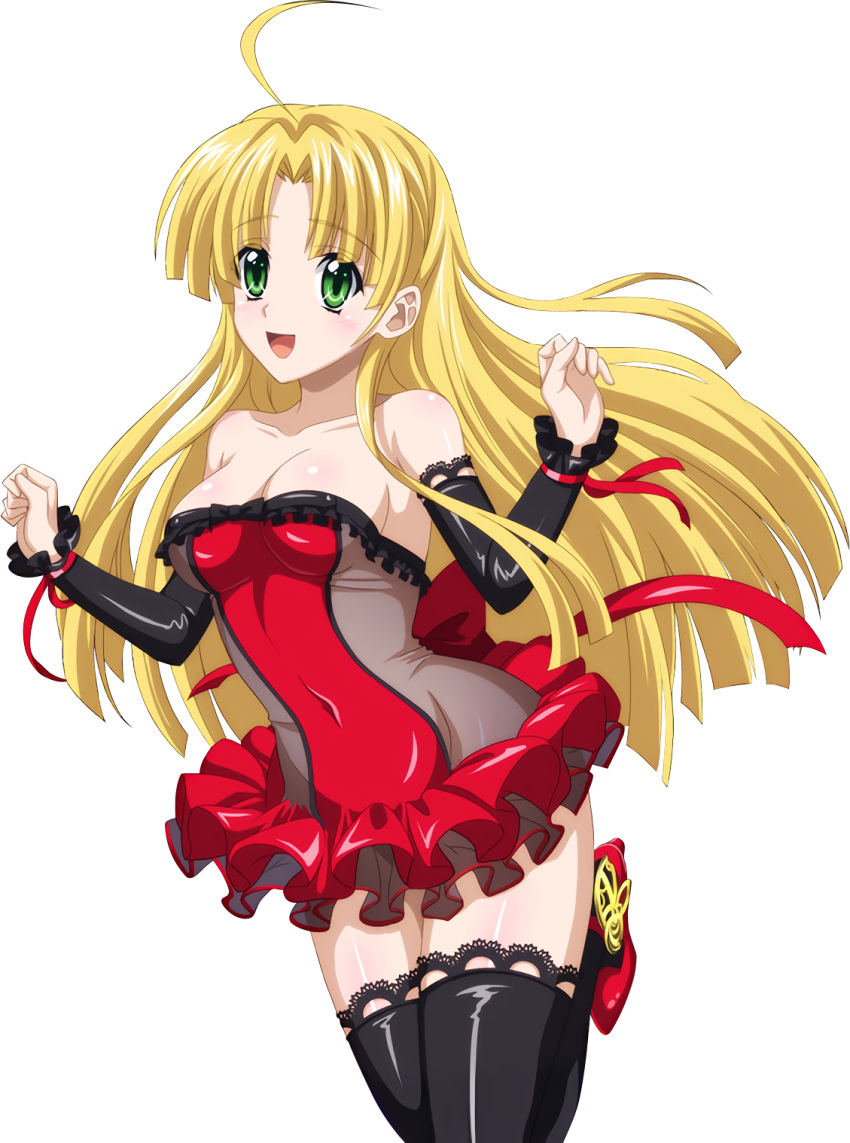 1girl ahoge asia_argento black_legwear blonde_hair breasts cleavage collarbone covered_navel detached_sleeves dress extraction frilled_dress frills green_eyes high_school_dxd highres long_hair open_mouth red_ribbon ribbon see-through solo strapless strapless_dress thigh-highs transparent_background