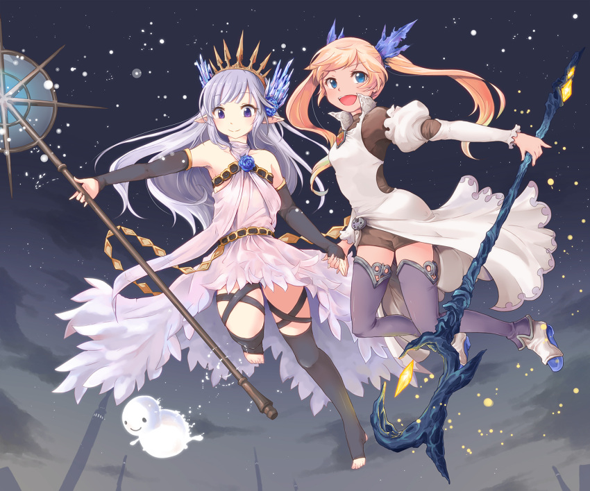 2girls :d arm_warmers bare_shoulders black_legwear blonde_hair blue_eyes crown dress granblue_fantasy hair_ornament hand_holding highres holding_staff io_euclase lily_(granblue_fantasy) looking_at_viewer multiple_girls open_mouth outdoors pointy_ears sayuco silver_hair smile spire staff thigh-highs toes twintails violet_eyes