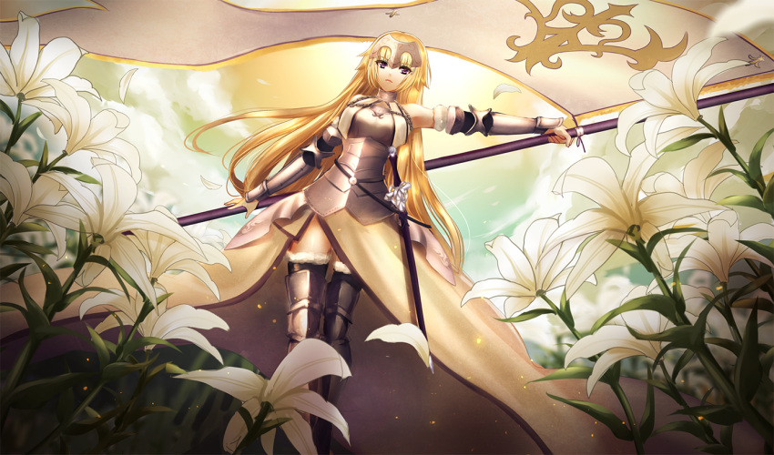 1girl armor banner black_legwear blonde_hair blue_eyes elbow_gloves fate/apocrypha fate/grand_order fate_(series) flower gauntlets gloves greaves helmet lily_(flower) long_hair meaomao ruler_(fate/apocrypha) sheath sheathed solo sword thigh-highs very_long_hair weapon