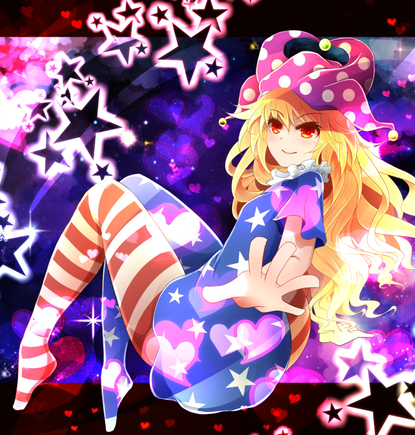 1girl american_flag_legwear american_flag_shirt arano_oki blonde_hair closed_mouth clownpiece full_body hat heart jester_cap long_hair looking_at_viewer outstretched_arm pantyhose polka_dot red_eyes shirt short_sleeves smile solo star star_print striped touhou