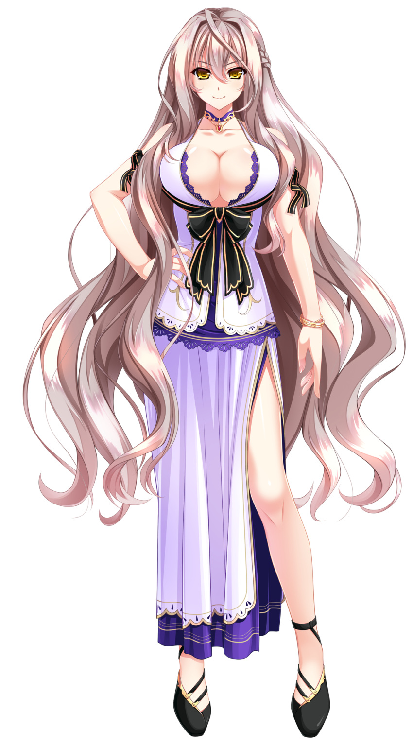 1girl amasaka_takashi arcelias_pendragon bracelet breasts cleavage dress full_body hair_between_eyes hand_on_hip highres jewelry lace large_breasts legs light_brown_hair long_hair looking_at_viewer necklace official_art sandals side_slit simple_background smile solo standing thighs transparent_background unionism_quartet very_long_hair yellow_eyes