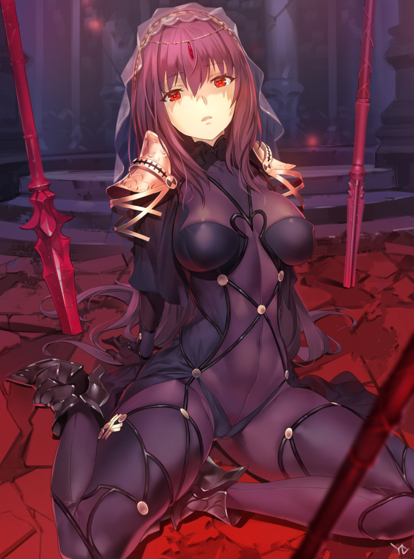 1girl absurdres bodysuit breasts covered_navel fate/grand_order fate_(series) gae_bolg highres large_breasts long_hair looking_at_viewer pauldrons polearm purple_hair red_eyes scathach_(fate/grand_order) sitting solo spear veil very_long_hair weapon yang-do