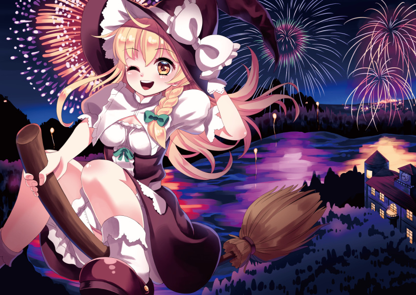 1girl ;d blonde_hair bow braid breasts broom broom_riding douji fireworks hat hat_bow kirisame_marisa lake medium_breasts one_eye_closed open_mouth round_teeth scarlet_devil_mansion side_braid smile solo teeth touhou witch_hat yellow_eyes