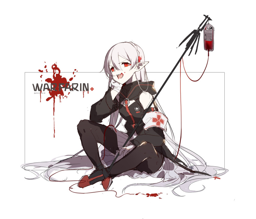 1girl arknights blood blood_on_face blood_splatter breasts hand_on_own_face highres long_hair open_mouth pantyhose pointy_ears red_eyes sharp_teeth shi-chen simple_background sitting skirt small_breasts teeth warfarin_(arknights) white_hair