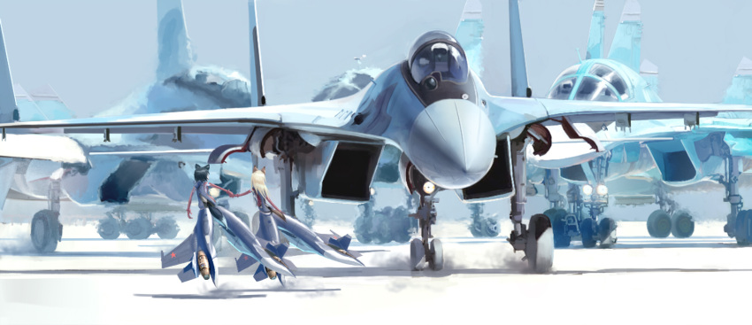 2girls aircraft airplane animal_ears black_hair blonde_hair cockpit commentary_request confin fighter_jet hand_holding heat_haze highres jet jet_engine landing_gear military military_vehicle multiple_girls original pilot_helmet piloting runway shadow strike_witches striker_unit su-30 su-34 tail world_witches_series