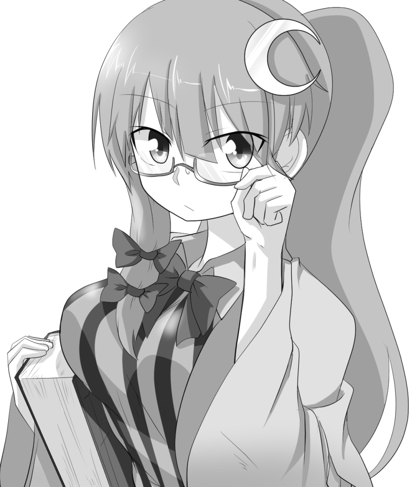 1girl adjusting_glasses alternate_hairstyle asymmetrical_hair bespectacled book bow bowtie breasts crescent crescent_hair_ornament dress glasses greyscale hair_bow hair_ornament highres holding holding_book katsumi5o large_breasts long_hair long_sleeves looking_at_viewer monochrome patchouli_knowledge ponytail semi-rimless_glasses solo striped touhou under-rim_glasses upper_body vertical-striped_dress vertical_stripes wide_sleeves