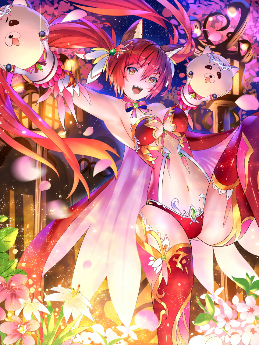 1girl :d absurdres animal_ears armpits bad_anatomy bare_shoulders breasts cerberus_(shingeki_no_bahamut) cleavage dog_ears fang floral_print flower hand_puppet highres lantern long_hair looking_at_viewer medium_breasts navel night night_sky open_mouth outdoors petals puppet red_eyes red_legwear redhead shadowverse sky smile solo standing sysen thigh-highs twintails very_long_hair