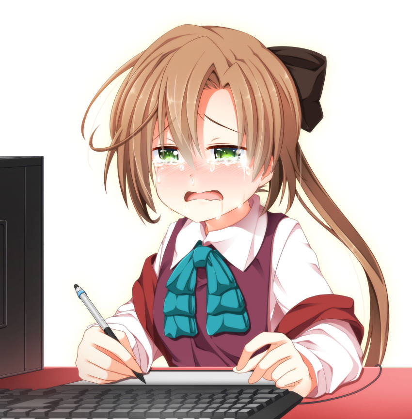 1girl akigumo_(kantai_collection) blush brown_hair brown_ribbon commentary_request computer_keyboard crying crying_with_eyes_open green_eyes hair_between_eyes hair_ribbon half-closed_eyes highres kantai_collection long_hair long_sleeves monitor open_mouth pen ponytail ribbon saliva school_uniform shirt snot solo tears vest wakagi_repa wavy_mouth white_shirt