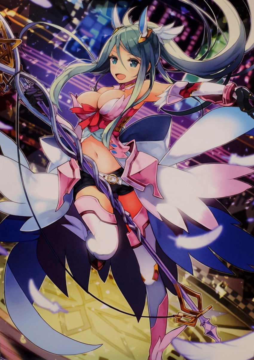 1girl black_hair blue_eyes blush breasts cleavage elbow_gloves feathers fire_emblem_cipher gauntlets gen'ei_ibunroku_sharp_fe gloves hair_ornament highres large_breasts long_hair looking_at_viewer open_mouth oribe_tsubasa polearm ponytail shorts smile solo spear thigh-highs very_long_hair weapon