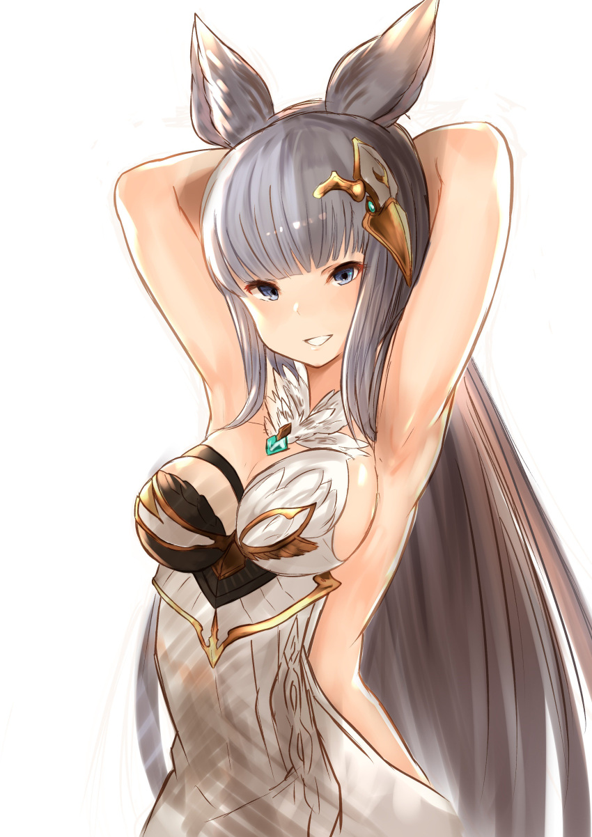 1girl absurdres animal_ears armpits arms_behind_head arms_up bare_shoulders blue_eyes breasts cleavage erun_(granblue_fantasy) granblue_fantasy grey_hair hair_ornament highres korwa long_hair looking_at_viewer parted_lips sideboob silver_hair smile solo standing yatsuka_(846)