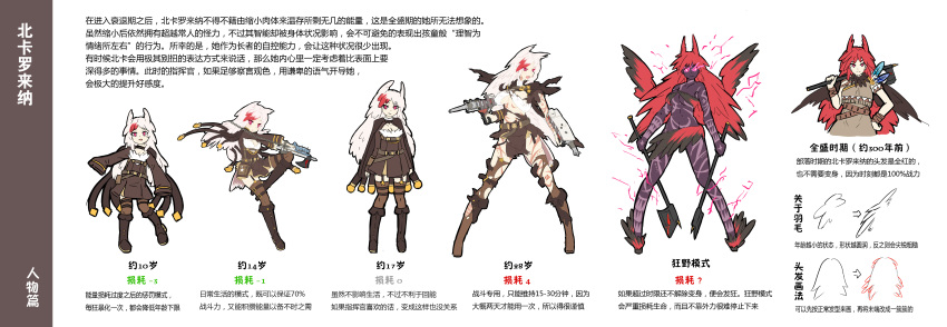 1girl absurdres age_progression animal_ears axe belt bird_tail boots breasts brown_boots brown_jacket brown_legwear chinese damaged dark_persona dual_wielding energy feathers full_body full_body_tattoo garter_straps highres looking_at_viewer multiple_views north_carolina_(zhan_jian_shao_nyu) sirills sleeves_past_wrists tattoo thigh-highs thigh_gap torn_clothes translation_request weapon wings zhan_jian_shao_nyu