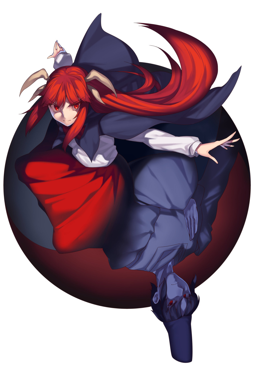 1boy 1girl absurdres bow cape closed_mouth hat highres horns kaiza_(rider000) long_hair long_sleeves multiple_persona outstretched_arms red_bow red_eyes red_skirt redhead serious shingyoku shingyoku_(male) sidelocks simple_background skirt tate_eboshi touhou touhou_(pc-98) white_background