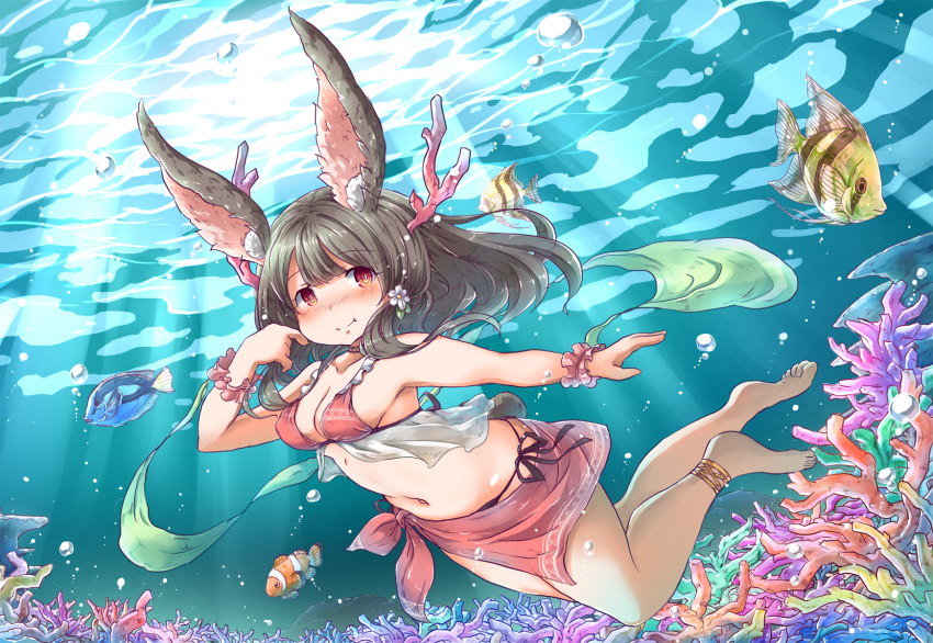 1girl air_bubble animal_ears anklet barefoot blush breath bubble coral fish freediving highres holding_breath jewelry long_hair mochizuki_usagi ocean original rabbit_ears sarong swimming swimsuit underwater