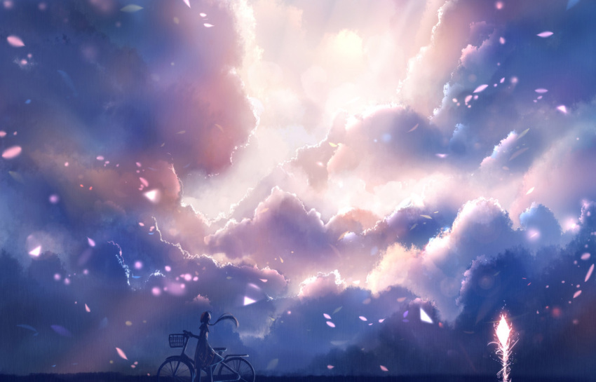 1girl abstract abstract_background backlighting bicycle bicycle_basket clouds dress ground_vehicle light long_hair original petals ponytail sakimori_(hououbds) sky solo wheels