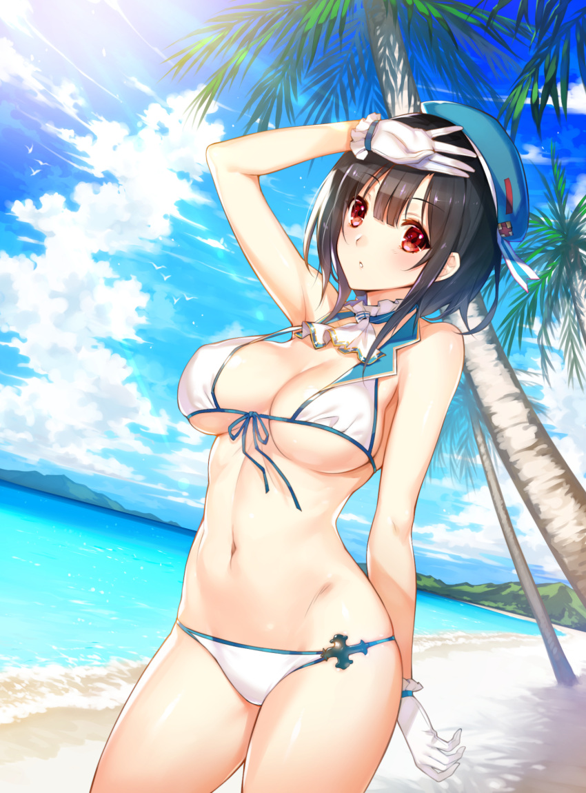 1girl arm_up arms_up ascot bad_id bare_shoulders beach beret bikini black_hair blush breasts cleavage clouds detached_collar front-tie_bikini front-tie_top gloves hat highres kantai_collection kyra large_breasts looking_at_viewer navel ocean palm_tree red_eyes short_hair sky solo swimsuit takao_(kantai_collection) tree under_boob white_bikini white_gloves
