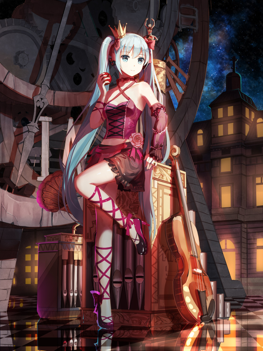 1girl absurdres apple aqua_eyes aqua_hair crown detached_sleeves food fruit hatsune_miku high_heels highres instrument leg_ribbon long_hair midriff mini_crown night phonograph project_diva_(series) red_flowers reflection ribbon romeo_to_cinderella_(vocaloid) solo standing standing_on_one_leg tile_floor tiles twintails very_long_hair vocaloid