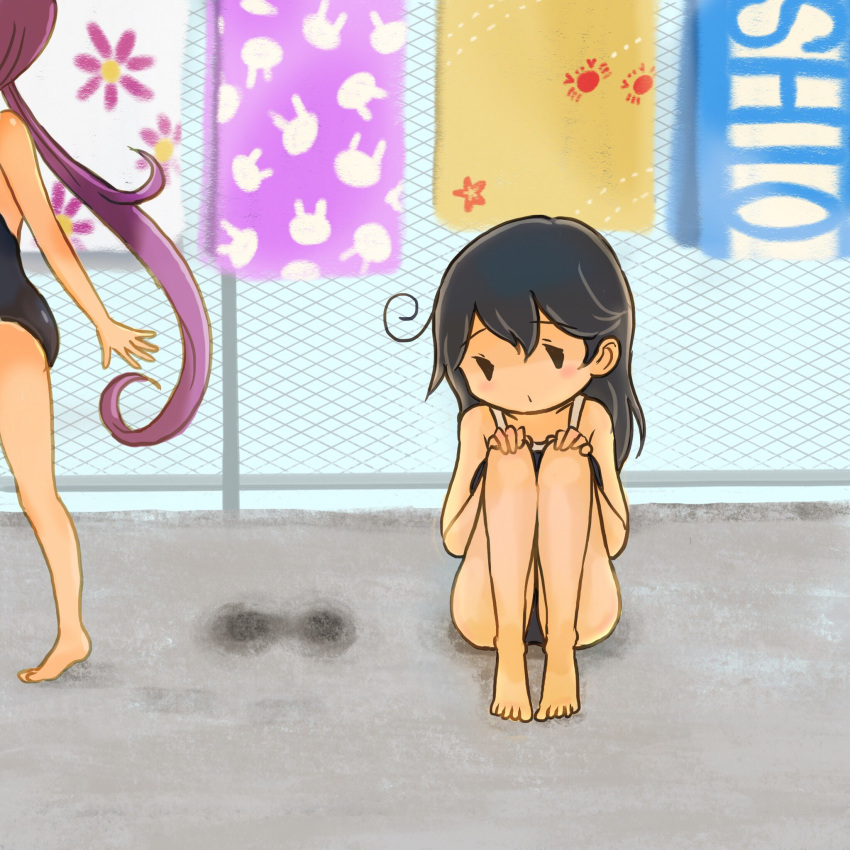 2girls ahoge akebono_(kantai_collection) bangs barefoot brown_hair bunny_print chain-link_fence commentary_request concrete crab_print fence floral_print hands_on_own_knees head_out_of_frame highres kantai_collection knees_up long_hair multiple_girls otoufu purple_hair school_swimsuit side_ponytail sitting sketch standing swimsuit towel ushio_(kantai_collection)