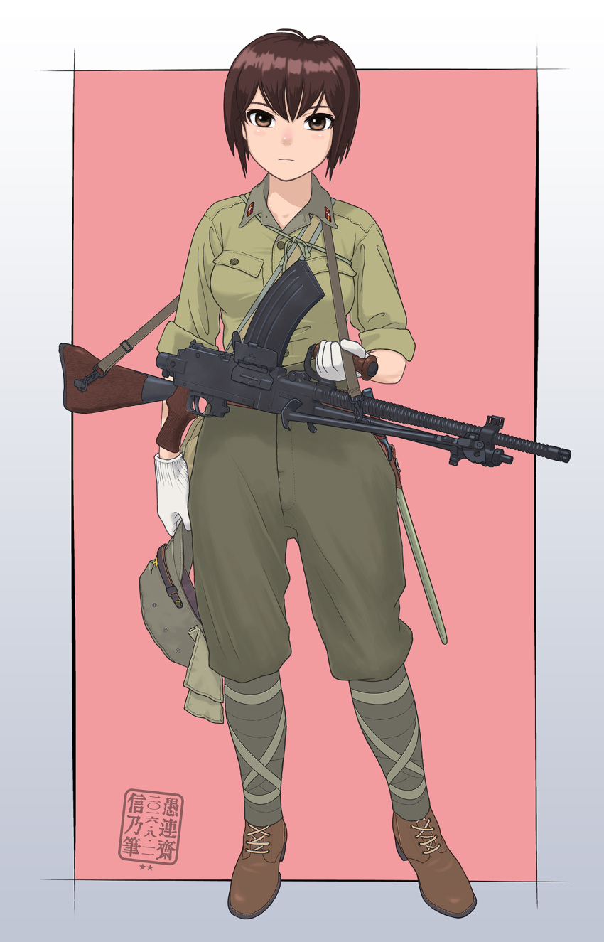 1girl ankle_boots ankle_wraps bayonet boots brown_eyes frown full_body gloves gun hat highres holding holding_hat imperial_japanese_army machine_gun md5_mismatch military military_uniform original pink_background serious short_hair signature simple_background sino sino_(mechanized_gallery) sling soldier solo type_96 uniform weapon white_gloves world_war_ii zb_26