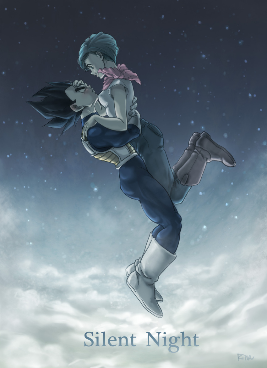 1boy 1girl aqua_eyes aqua_hair armor black_eyes black_hair blush boots breasts brown_boots bulma carrying dragon_ball dragon_ball_super earrings from_side frown full_body gloves gradient gradient_background hetero highres husband_and_wife jewelry midair muscle neckerchief outdoors shirt short_hair signature sky smile star_(sky) starry_sky t-shirt uirina vegeta white_boots white_gloves
