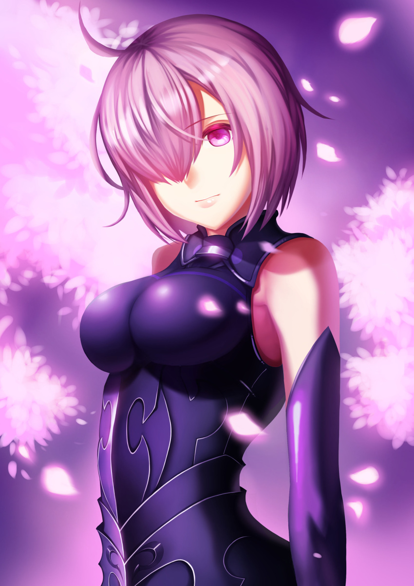 1girl absurdres ahoge armor bare_shoulders breasts fate/grand_order fate_(series) hair_over_one_eye highres large_breasts lips looking_at_viewer nekosama_shugyouchuu purple_hair shielder_(fate/grand_order) short_hair solo violet_eyes