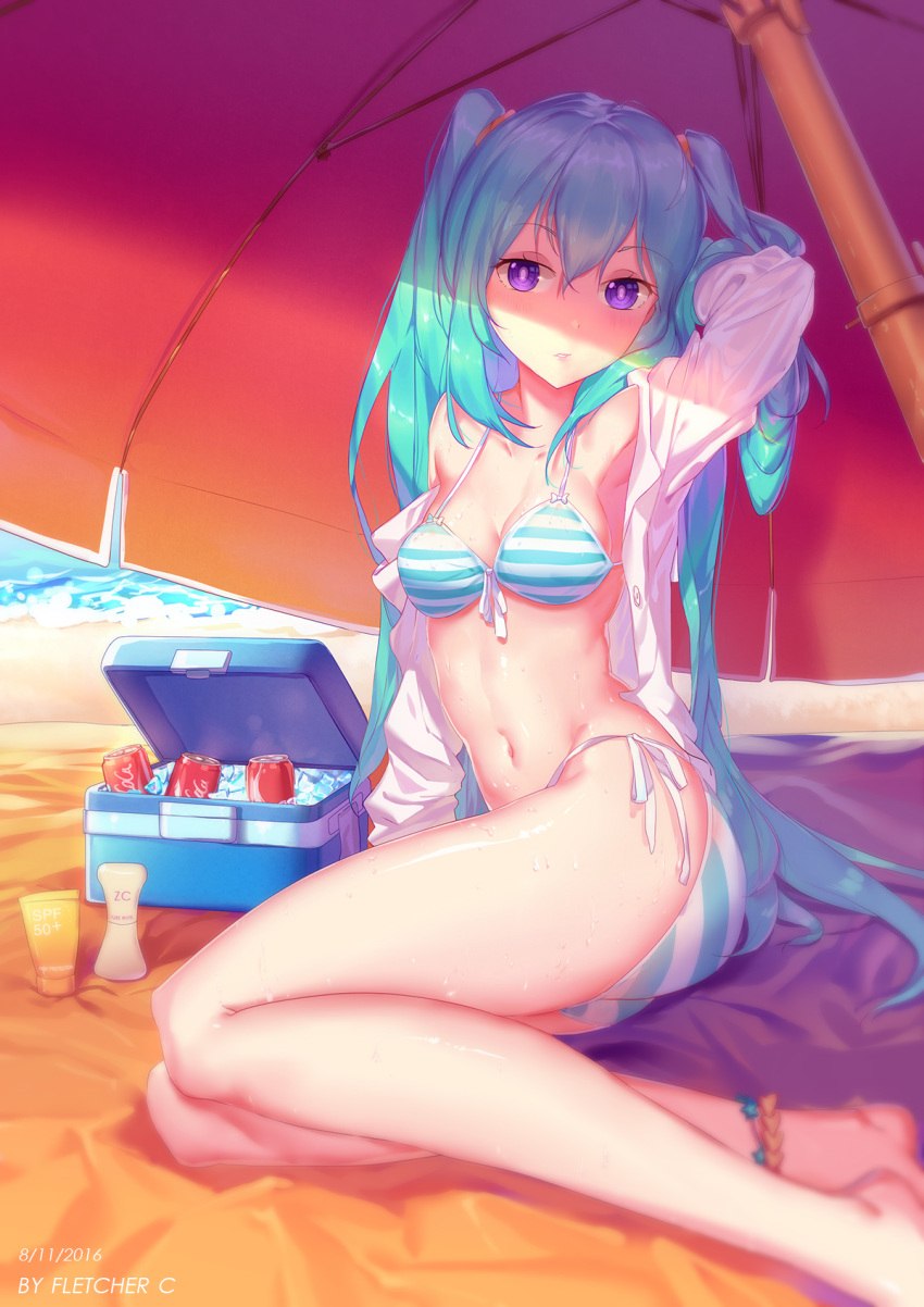 1girl 2016 alternate_eye_color anklet aqua_hair arm_behind_head arm_support arm_up armpits artist_name bangs barefoot beach beach_towel beach_umbrella bikini bikini_under_clothes blurry blush breasts cleavage coca-cola cooler dated depth_of_field expressionless front-tie_bikini front-tie_top hatsune_miku highres horizontal_stripes ice jewelry long_hair long_sleeves looking_at_viewer lotion_bottle navel on_ground open_clothes open_shirt outdoors ringed_eyes shirt side-tie_bikini sitting soda_can solo striped striped_bikini sweat swimsuit towel twintails umbrella very_long_hair violet_eyes vocaloid white_shirt yimn-fletcher yokozuwari