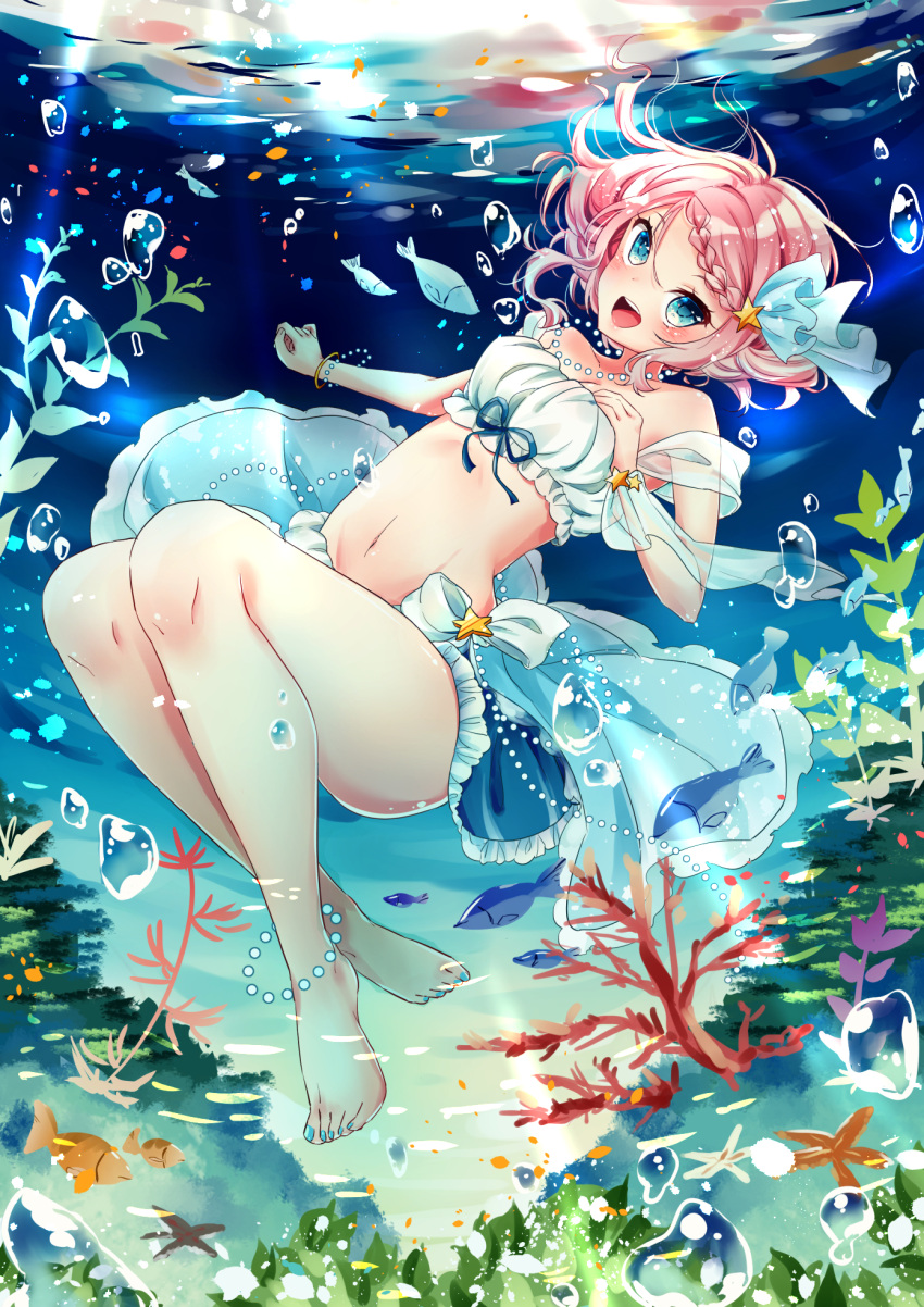 1girl :d air_bubble anklet barefoot blue_eyes blue_ribbon braid breasts commentary_request fish freediving hair_ornament highres jewelry legs nail_polish navel necklace open_mouth original pearl_necklace pink_hair ribbon seaweed smile solo star starfish sunlight swimming toenail_polish two_piece underwater yakine