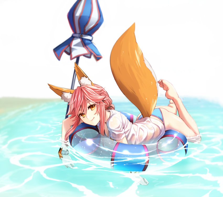 1girl afloat animal_ears bare_legs barefoot blush breasts brown_eyes cleavage close-up closed_mouth closed_umbrella fate/extra fate/grand_order fate_(series) fox_ears fox_tail full_body highres hinomoto_madoka innertube leg_up long_hair looking_at_viewer lying medium_breasts no_pants on_stomach outstretched_leg pink_hair scrunchie shirt simple_background smile solo tail tamamo_(fate)_(all) tamamo_no_mae_(swimsuit_lancer)_(fate) umbrella water wet wet_clothes wet_shirt white_background white_shirt wrist_scrunchie
