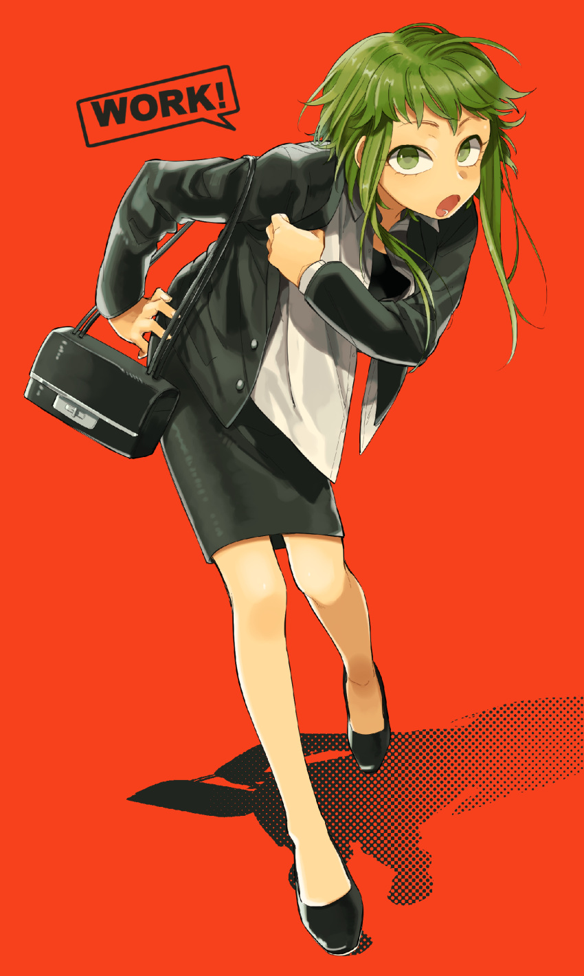 1girl absurdres adjusting_clothes bent_over english formal full_body green_eyes green_hair gumi haru_(oomr005) highres looking_at_viewer matching_hair/eyes office_lady open_mouth pencil_skirt red_background short_hair_with_long_locks simple_background skirt skirt_suit solo suit vocaloid