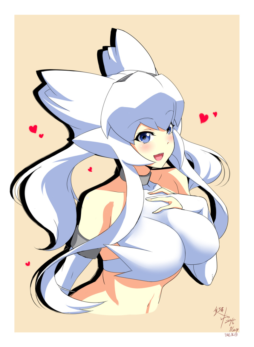 10s 1girl absurdres bare_shoulders blue_eyes breasts bridal_gauntlets elbow_gloves gloves highres kagiyama_(gen'ei_no_hasha) large_breasts looking_at_viewer midriff open_mouth partly_fingerless_gloves personification pokemon pokemon_(game) pokemon_bw reshiram smile solo white_gloves white_hair