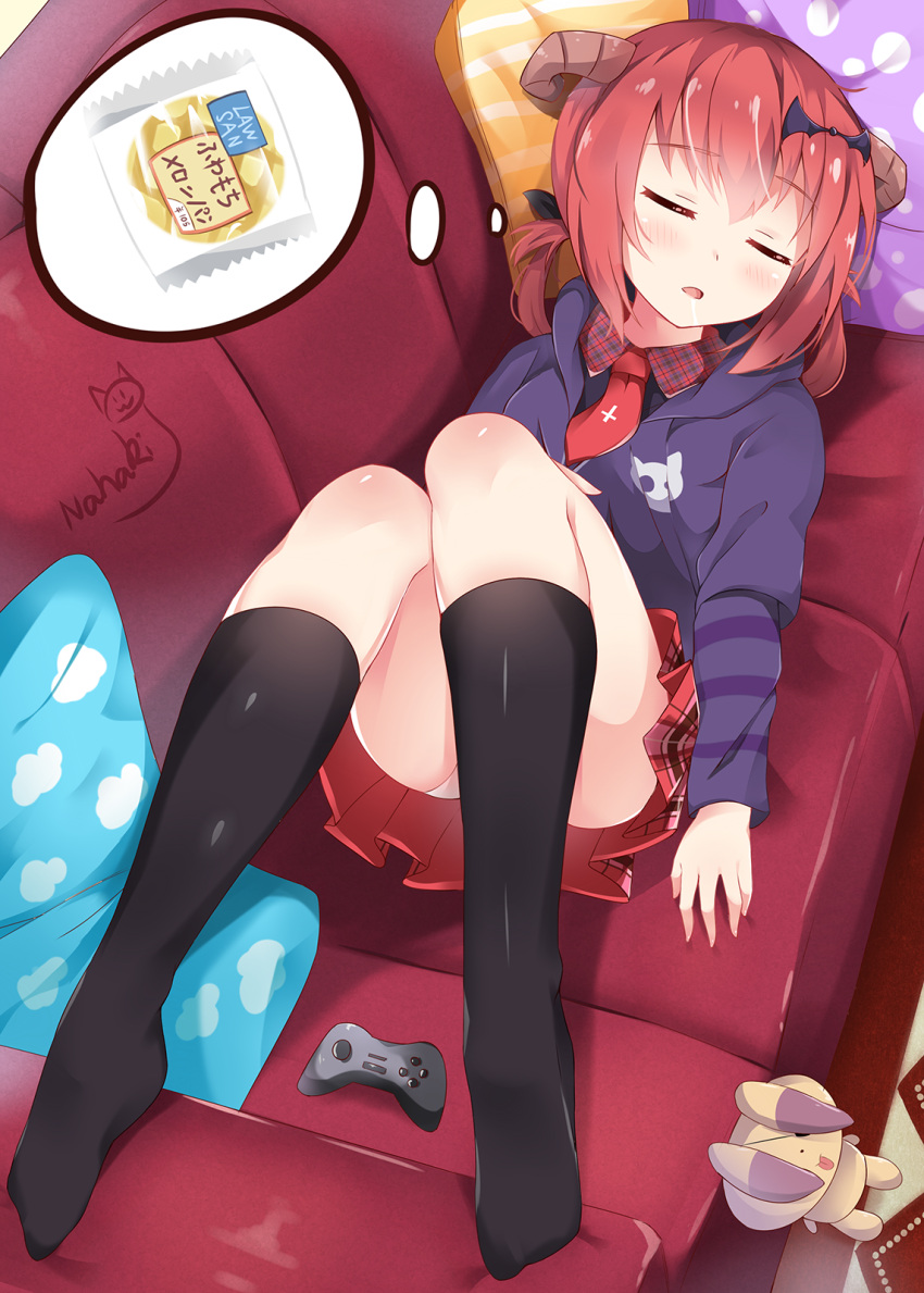 1girl :3 artist_name bat_hair_ornament black_legwear blush bread closed_eyes cloud_print collared_shirt company_name controller couch cross_print demon_girl demon_horns dreaming drooling eyebrows_visible_through_hair food from_above full_body gabriel_dropout game_controller hair_between_eyes hair_ornament hair_rings highres hood hoodie horns kneehighs kurumizawa_satanichia_mcdowell lawson long_sleeves lying melon_bread necktie on_back orange_hair panties parted_lips pillow pleated_skirt red_necktie red_skirt shirt short_necktie signature sin-poi skirt sleeping solo stuffed_animal stuffed_bunny stuffed_toy thought_bubble underwear white_panties wing_collar |_|
