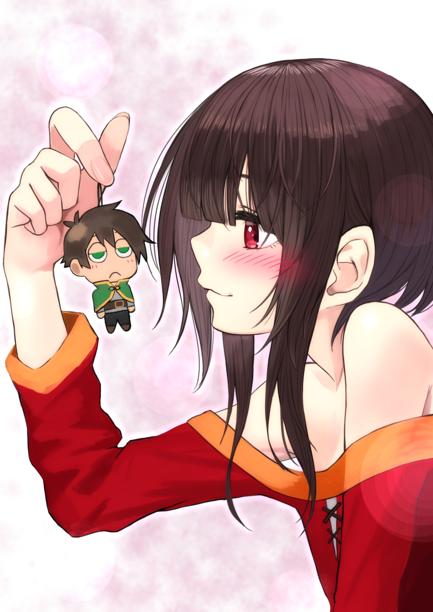 1boy 1girl bare_shoulders black_hair blush brown_hair closed_mouth commentary_request dress green_eyes highres izawa_koushi kono_subarashii_sekai_ni_shukufuku_wo! megumin off_shoulder red_dress red_eyes satou_kazuma short_hair smile upper_body