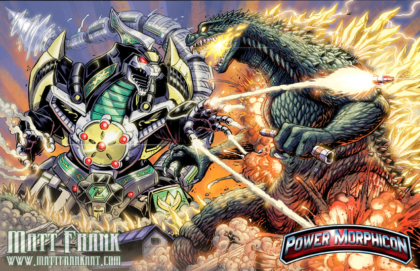 battle claws crossover destruction dinosaur dragon_caesar drill epic explosion fangs fighting fire giant_monster glowing godzilla godzilla_(series) horn kaiju_samurai kaijuu kyouryuu_sentai_zyuranger machine mecha missiles monster mutant no_humans open_mouth outdoors power_rangers red_eyes robot science_fiction sentai sharp_teeth spikes super_sentai tail teeth weapon