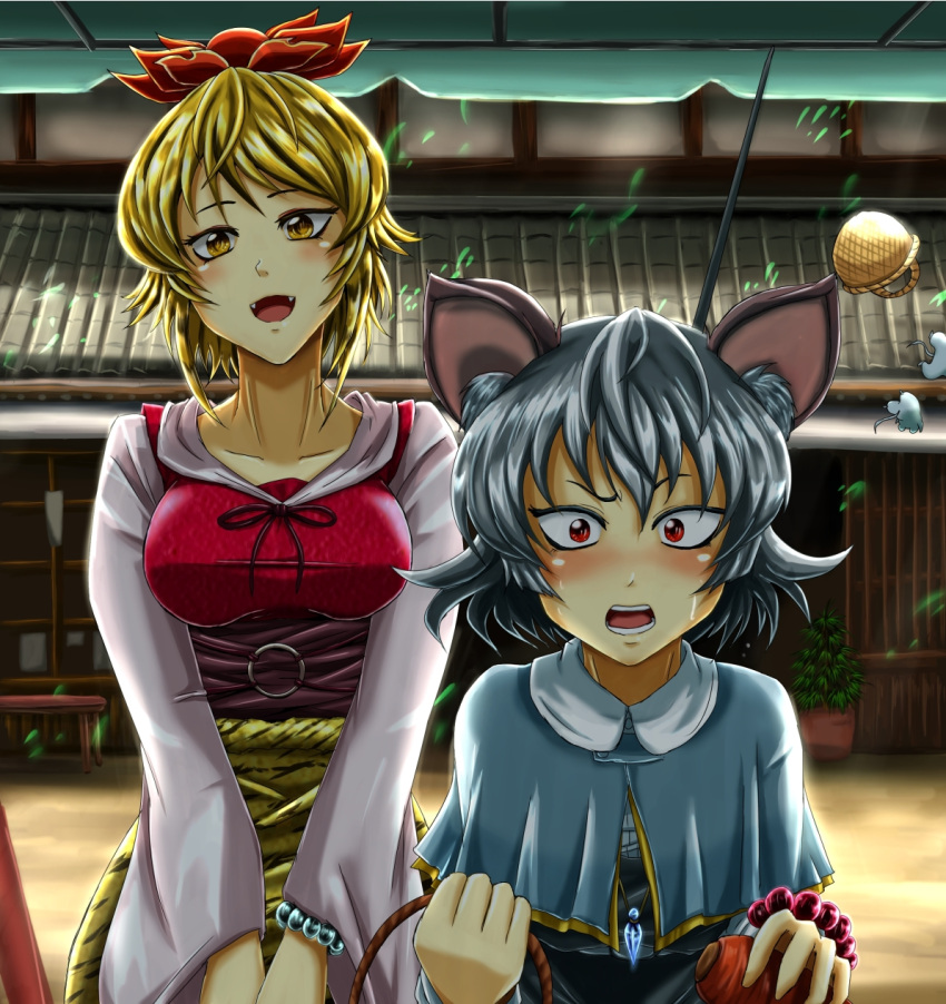 2girls :d animal_ears architecture bead_bracelet beads blonde_hair blush bracelet breasts capelet carrot collarbone east_asian_architecture fangs futagojima grey_hair hair_ornament highres jewelry long_sleeves looking_at_viewer mouse_ears multiple_girls nazrin open_mouth outdoors pendant red_eyes short_hair smile sweat tail tiger_print toramaru_shou touhou upper_body wide_sleeves yellow_eyes