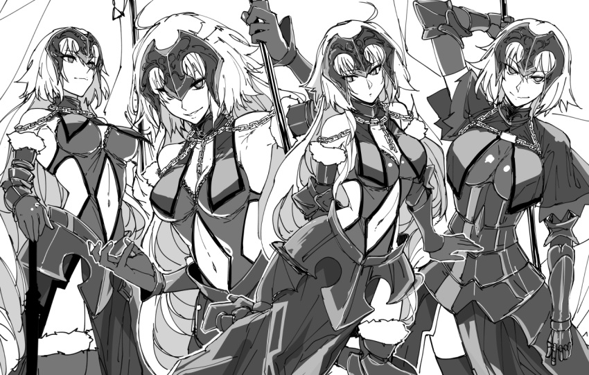 1girl armor bare_shoulders breasts chains character_sheet cleavage elbow_gloves fate/grand_order fate_(series) fur_trim gauntlets gloves helmet jeanne_alter long_hair looking_at_viewer monochrome navel ruler_(fate/apocrypha) ruler_(fate/grand_order) s_tanly sheath sheathed short_hair simple_background sleeveless smile solo sword thigh-highs weapon white_background