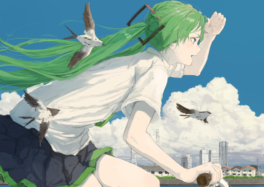 1girl :d animal bangs bare_arms bicycle bird black_skirt building canal clouds collared_shirt floating_hair from_side green_hair ground_vehicle hair_ornament hatsune_miku house long_hair miniskirt open_mouth outdoors pleated_skirt power_lines riding shading_eyes shirt short_sleeves skirt sky smile solo transmission_tower vocaloid white_shirt yushika
