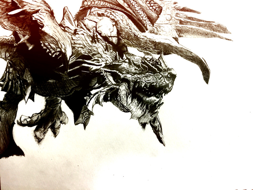 bushido57 claws dragon highres jaw monochrome monster monster_hunter no_humans open_mouth rathalos rathian running scales simple_background spikes tongue traditional_media wings